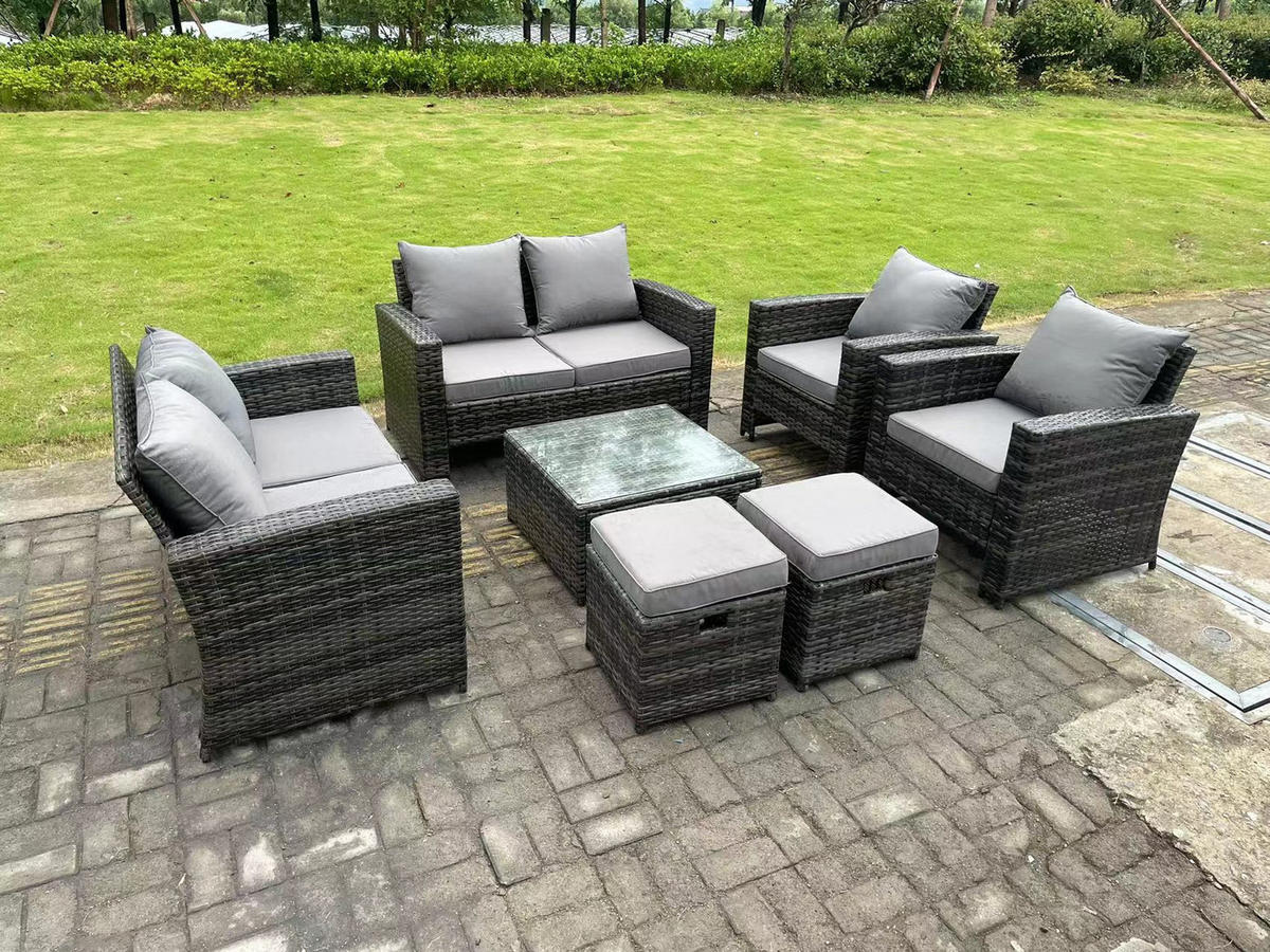 GARTENMÖBEL Set Polyrattan Dunkelgrau 8-Sitzer - Dunkelgrau, Metall - Fimous