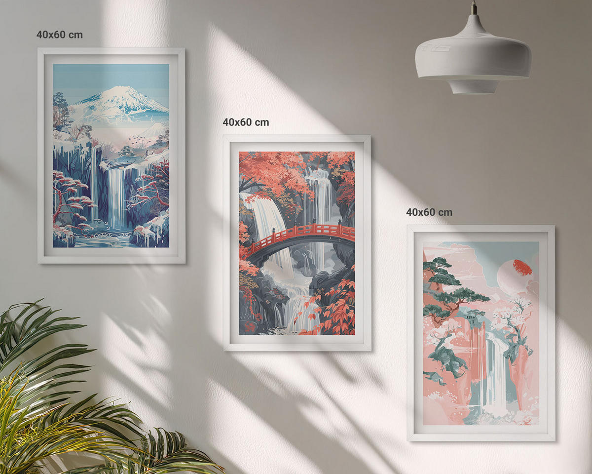 WANDBILDER 3er-Set - 40x60 cm Weißer Rahmen - Wasserfälle, Berge, Brücken, Bäume - Weiß, Kunststoff (40/60cm) - ArtPrintCave