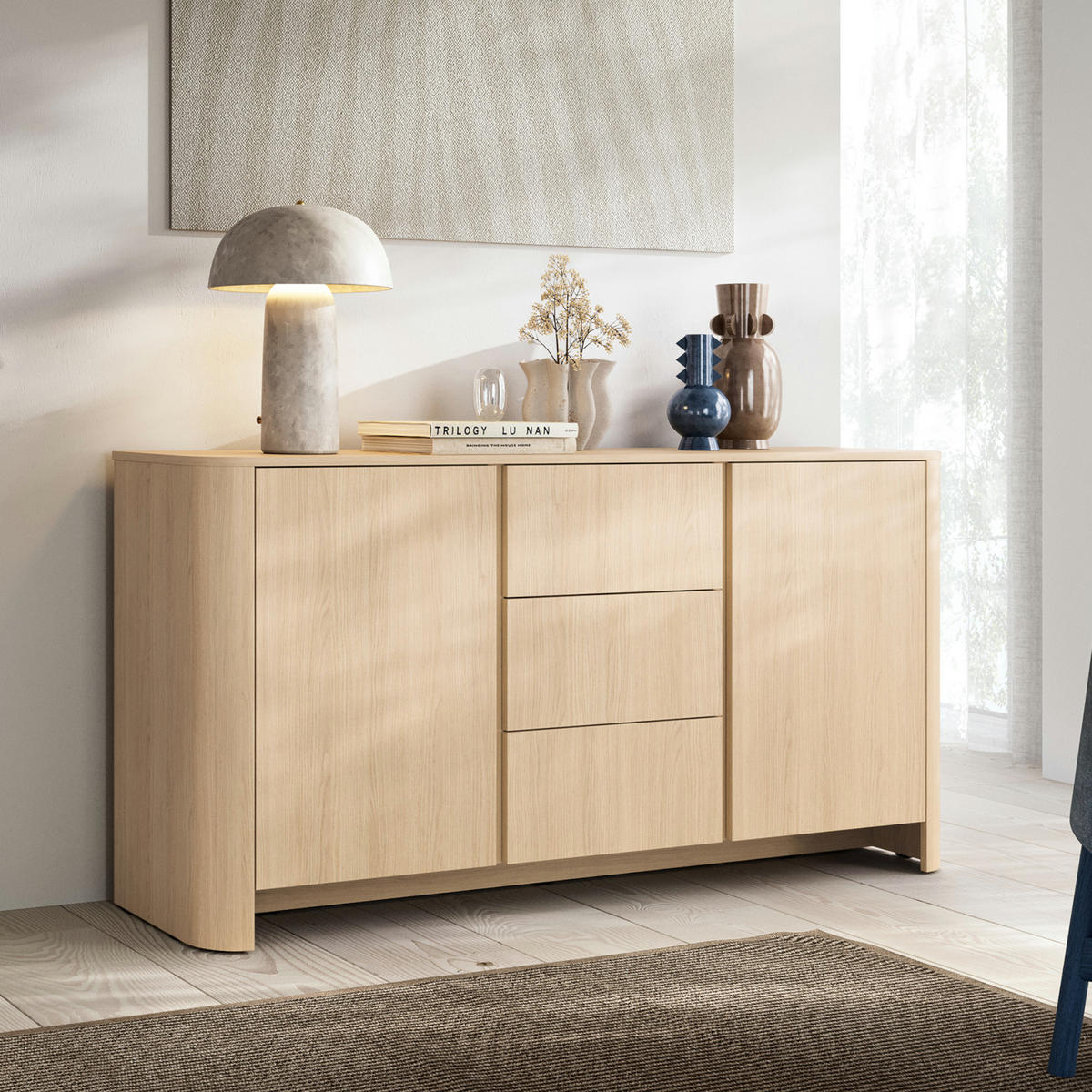 SIDEBOARD AMOS KOM2-2D3S Abgerundeter Korpus, Eiche - Eichefarben, Holzwerkstoff/Kunststoff (168/84/39cm) - Komodee