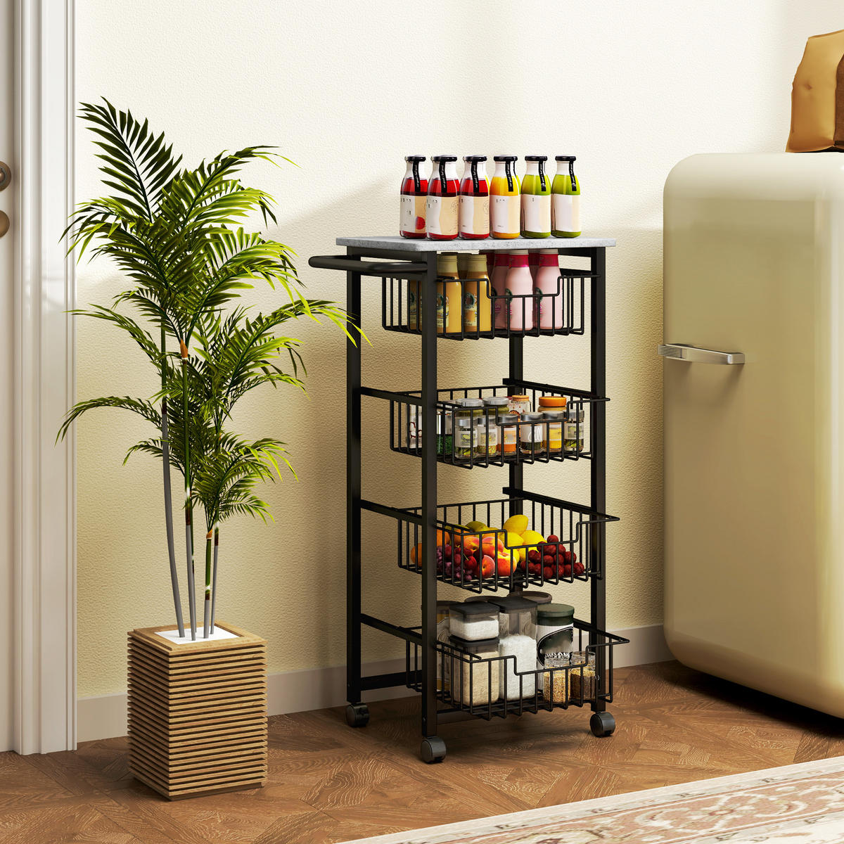 KÜCHENWAGEN Servierwagen mit Arbeitsplatte, 4 ausziehbaren Stahlkörben, Grau - Hellgrau/Schwarz, Metall (31/91/49.5cm) - HOMCOM