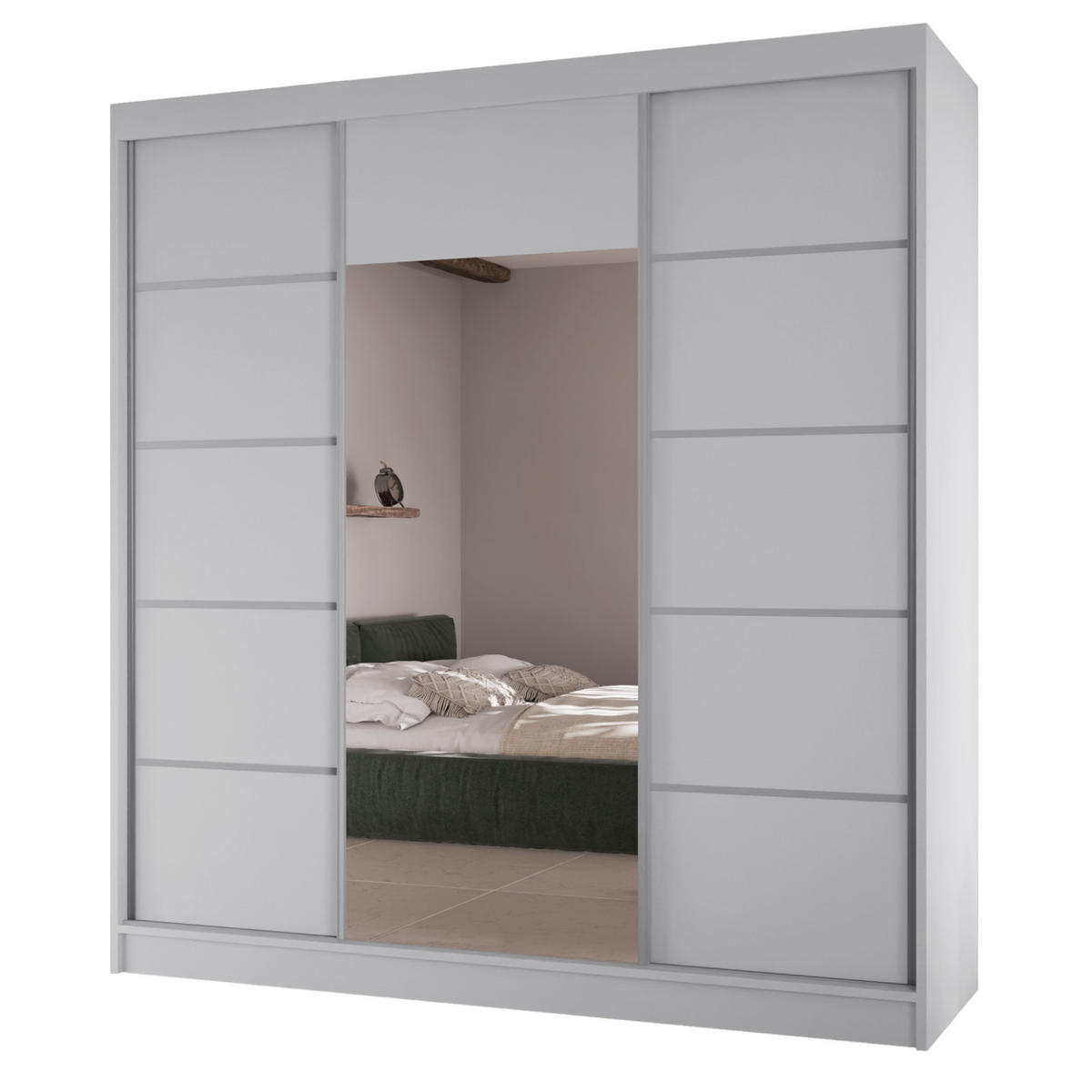 SCHWEBETÜRENSCHRANK Moni mit Spiegel und Zierleisten, 215x200x61cm, Weiß+Silber - Silberfarben/Weiß, Holzwerkstoff (200/215/61cm) - AN-Moebel 4u
