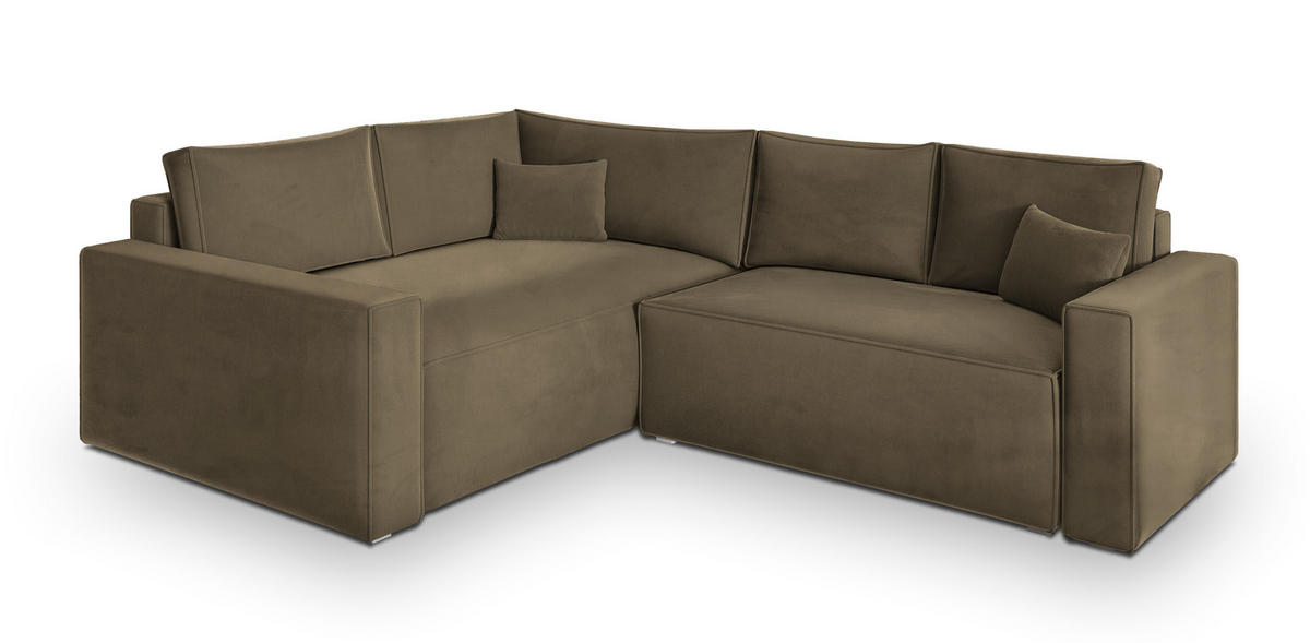 ECKSOFA ERONIS L-S Beige Velours-Stoff mit Schlaffunktion - Beige, Holz (265/194cm) - MASSENO