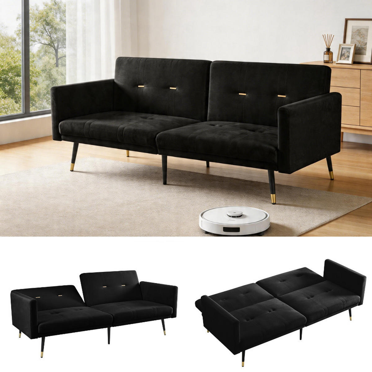 SCHLAFSOFA 150/89/70 cm in Schwarz Samt - Schwarz, Textil (164/70/89cm) - Oxeza