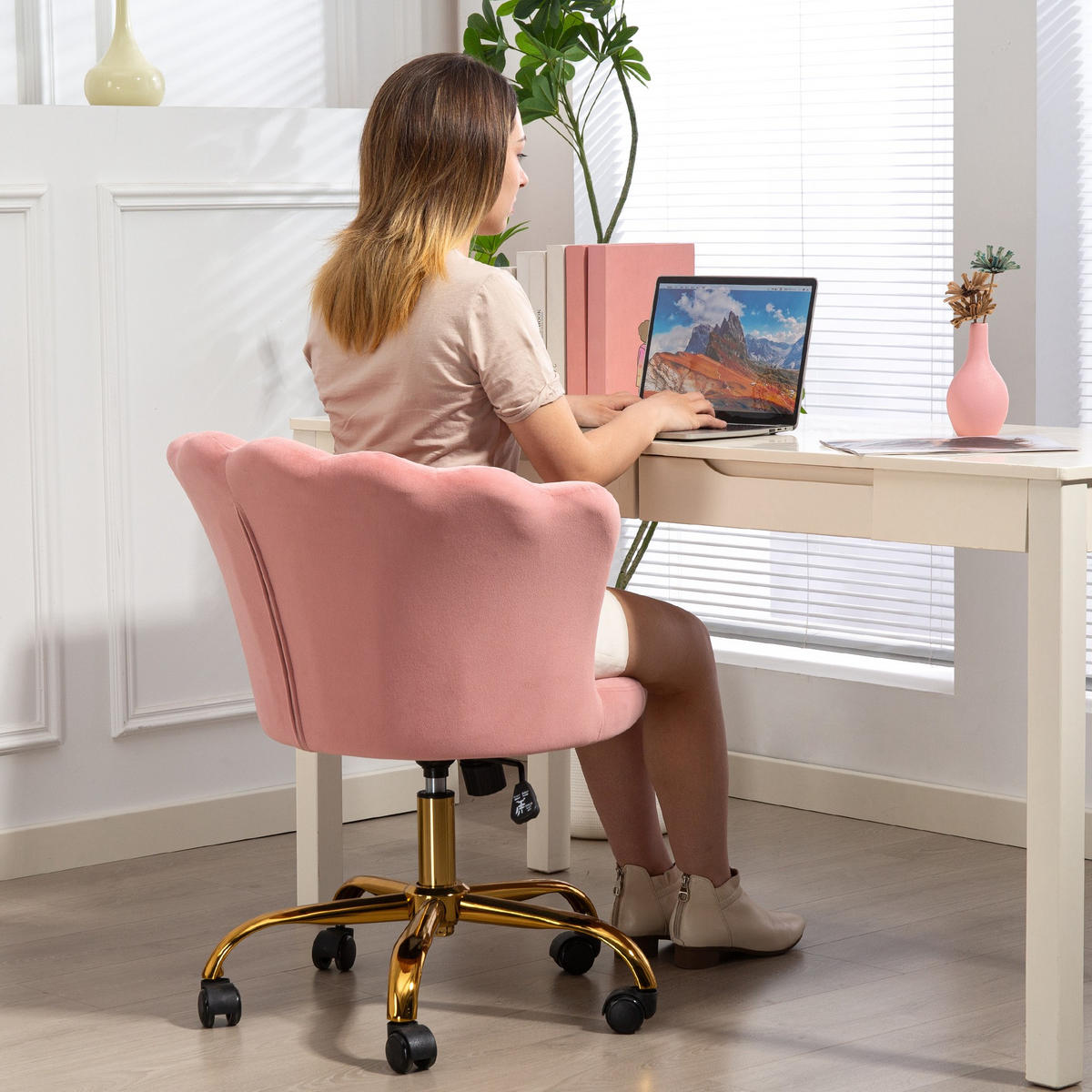 DREHSTUHL DE-11750 höhenverstellbar Teddy-Plüsch Creme - Pink, Textil (64/90/69cm) - ComfortXL