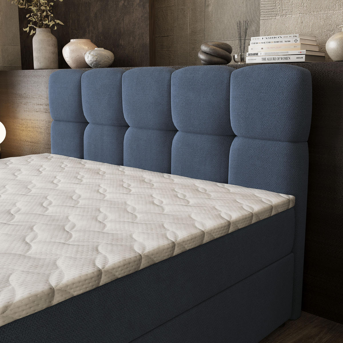 BOXBETT BRUME 180x200 cm mit Matratze und Topper, H2+H3 - Blau - Blau, Holz (180/200cm) - MASSENO