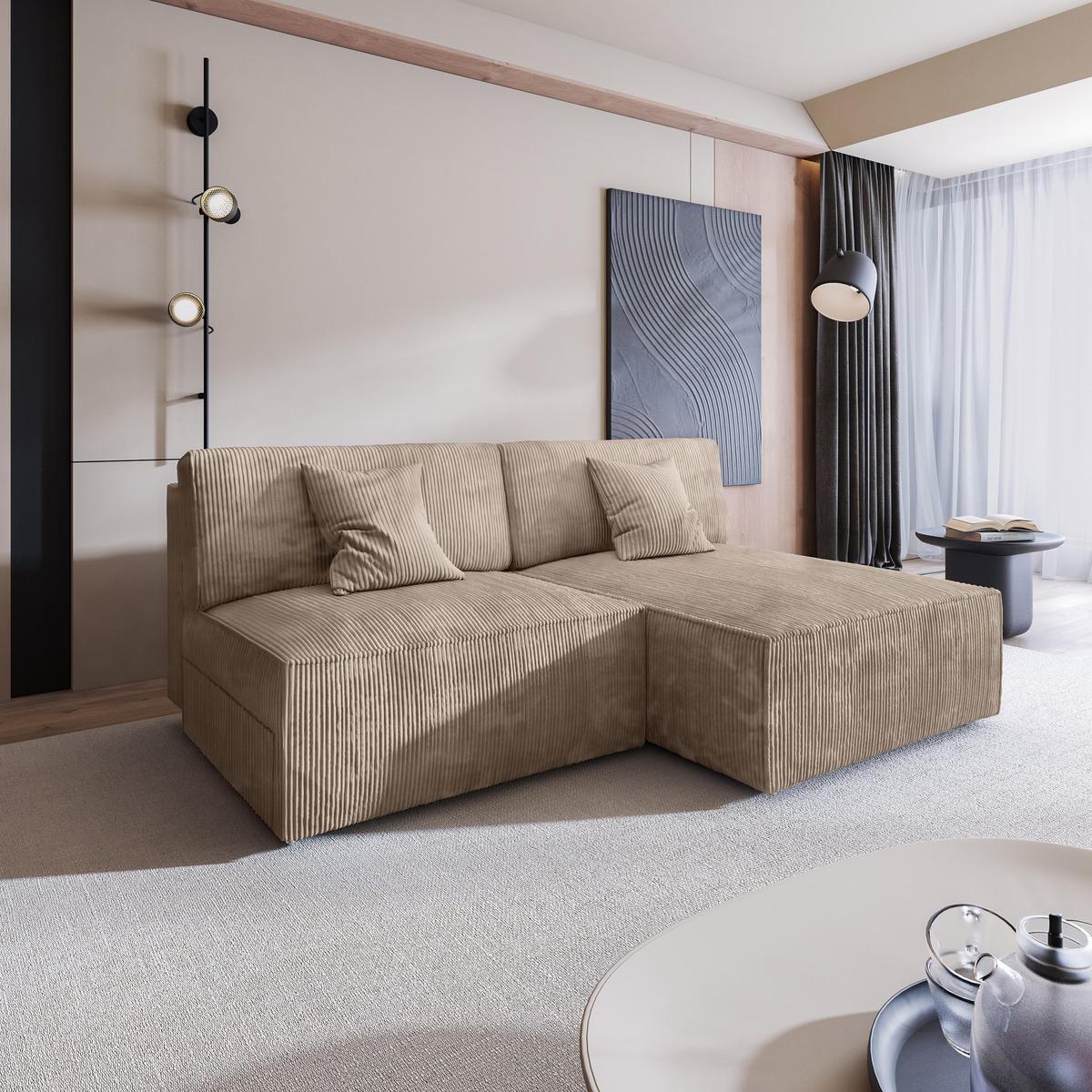 ECKSOFA FIORO P Beige Kordstoff mit Schlaffunktion - Beige/Grau, Holz/Kunststoff (204/148cm) - MASSENO