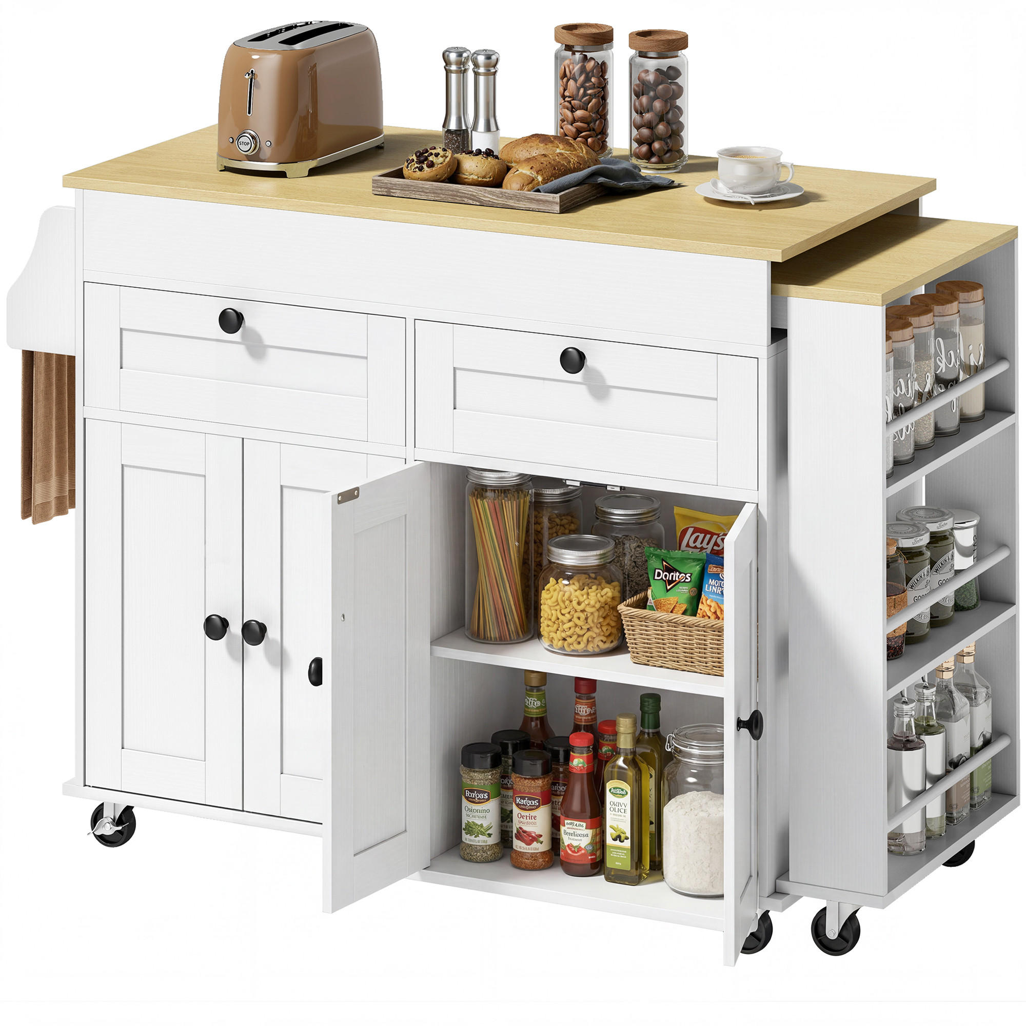 KÜCHENINSEL DE-11333 Ausziehbarer Arbeitstisch mit 2 Schubladen Weiß - Weiß, Holzwerkstoff (127.2/87.8/50cm) - ComfortXL