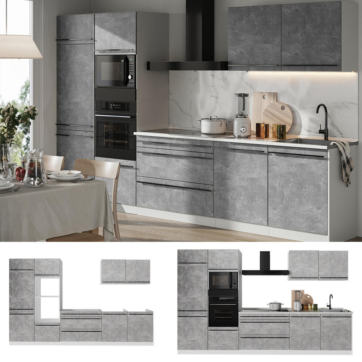 KUCHYNKA R-Line, betón/biely, 340 cm Goldkraft tammi työtaso - sivá/biela, kompozitné drevo (340/206.8/60cm) - Vicco