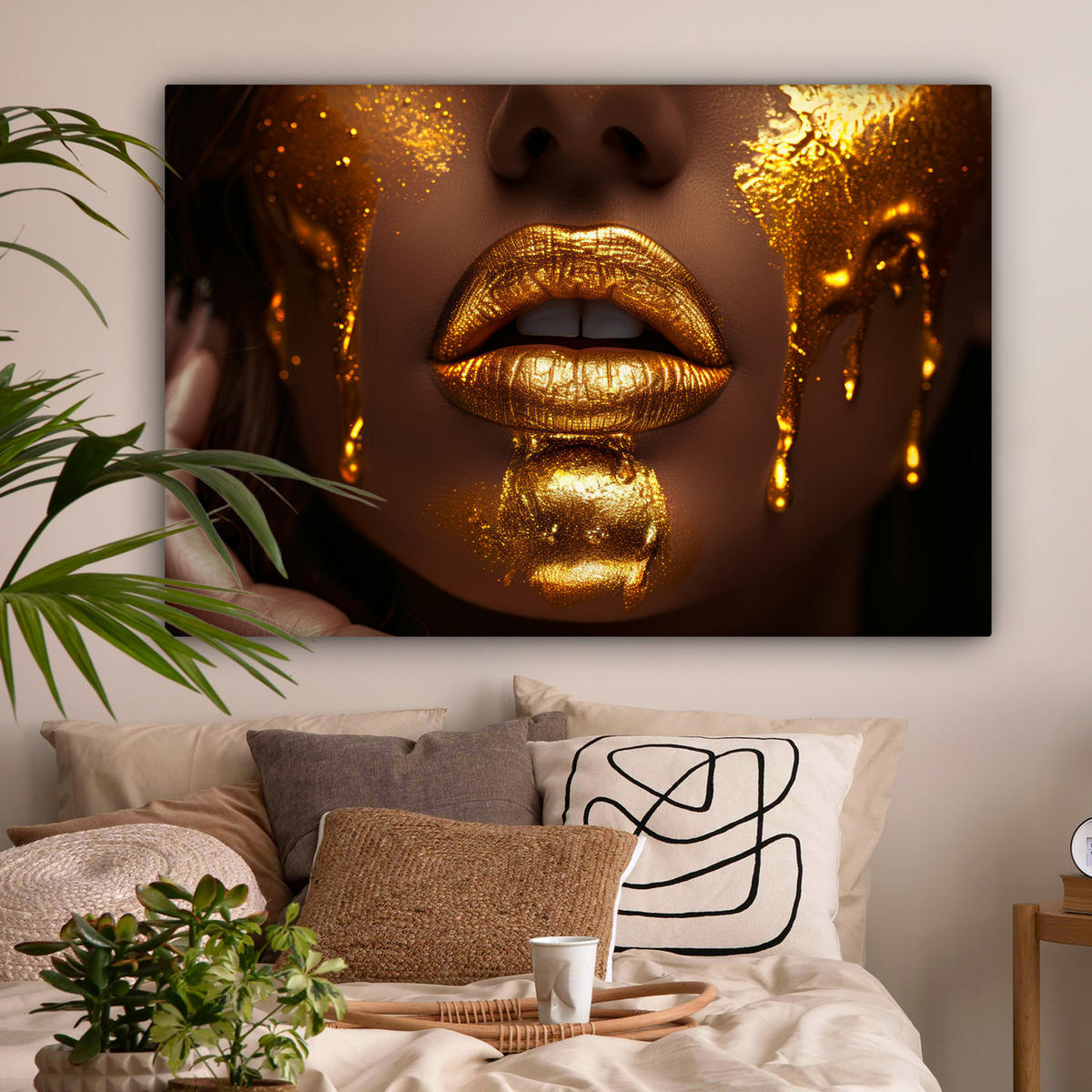 LEINWANDBILD Frau - Gold - Luxus - Porträt Groß 140x90 cm - Goldfarben, Textil (140/90cm) - MuchoWow