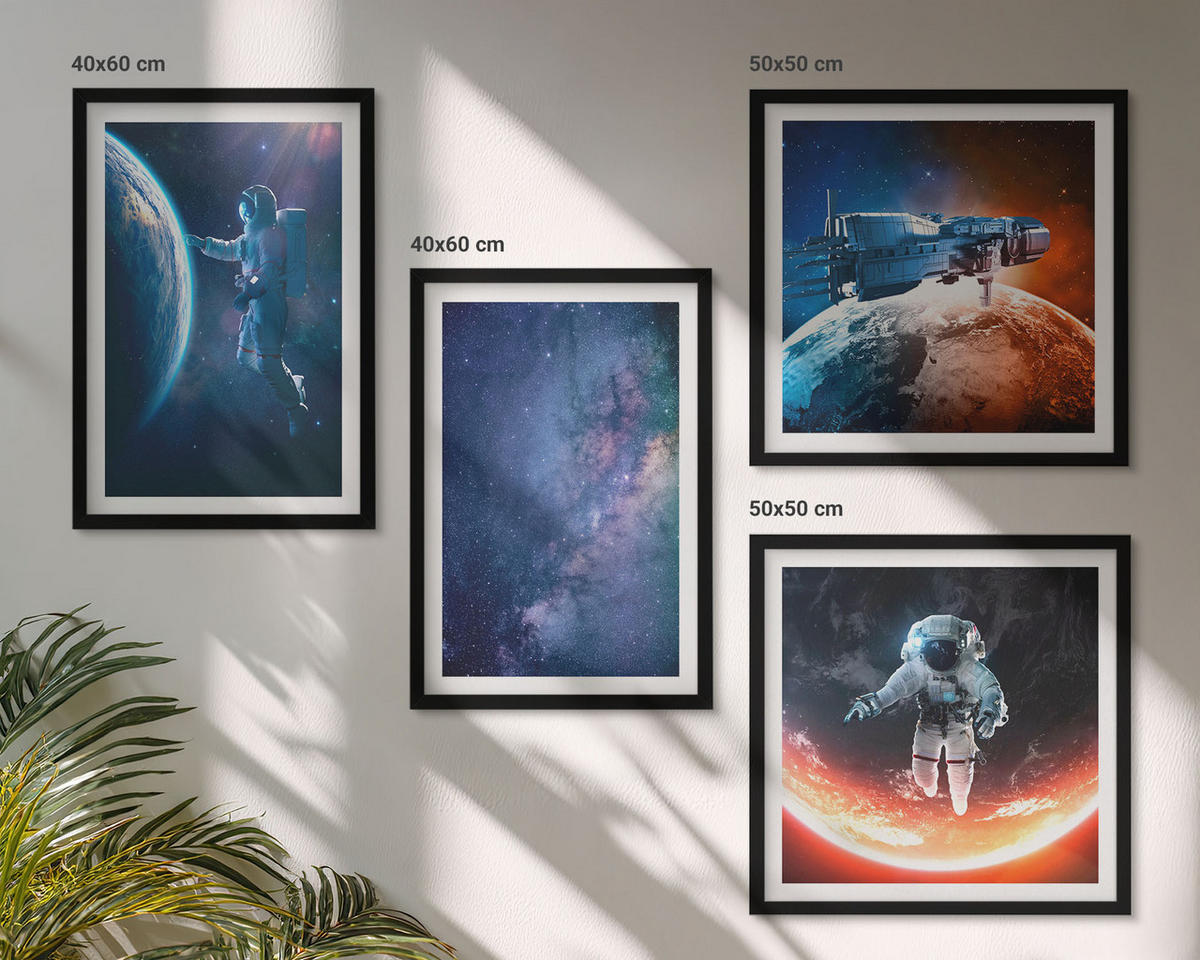 WANDBILDER 4er-Set - 50x50 cm & 40x60 cm Schwarzer Rahmen - Weltraum-Astronauten-Sterne - Schwarz, Kunststoff (50/50cm) - ArtPrintCave