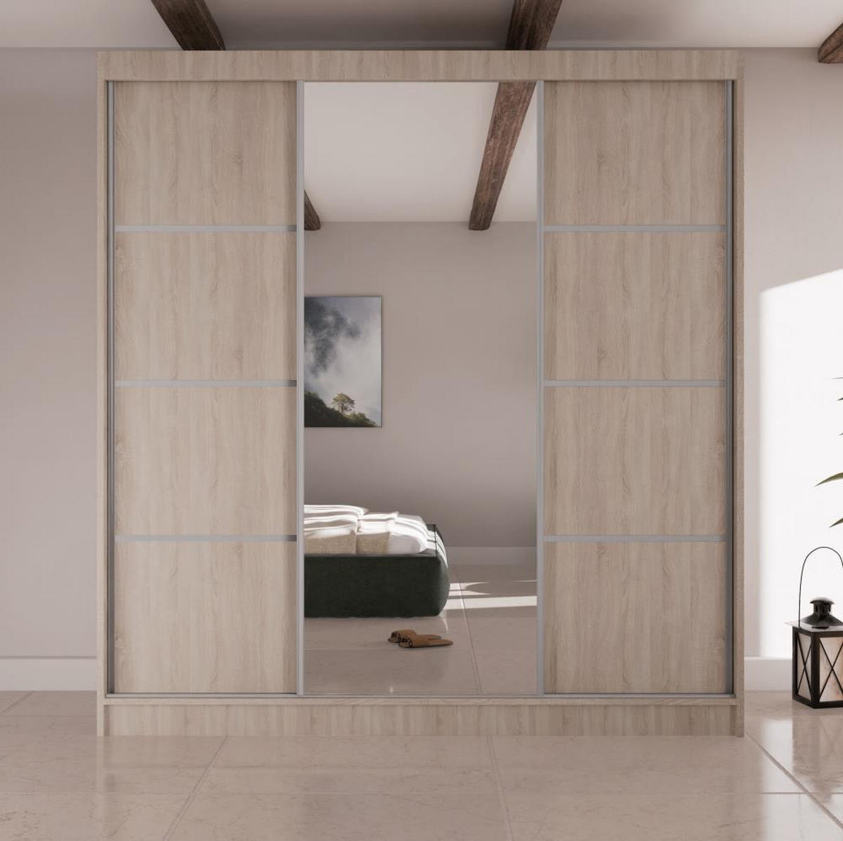 SCHWEBETÜRENSCHRANK Vilo II 200/61/215 eiche sonoma+silber - Silberfarben/Sonoma Eiche, Holzwerkstoff (200/215/61cm) - Beautysofa