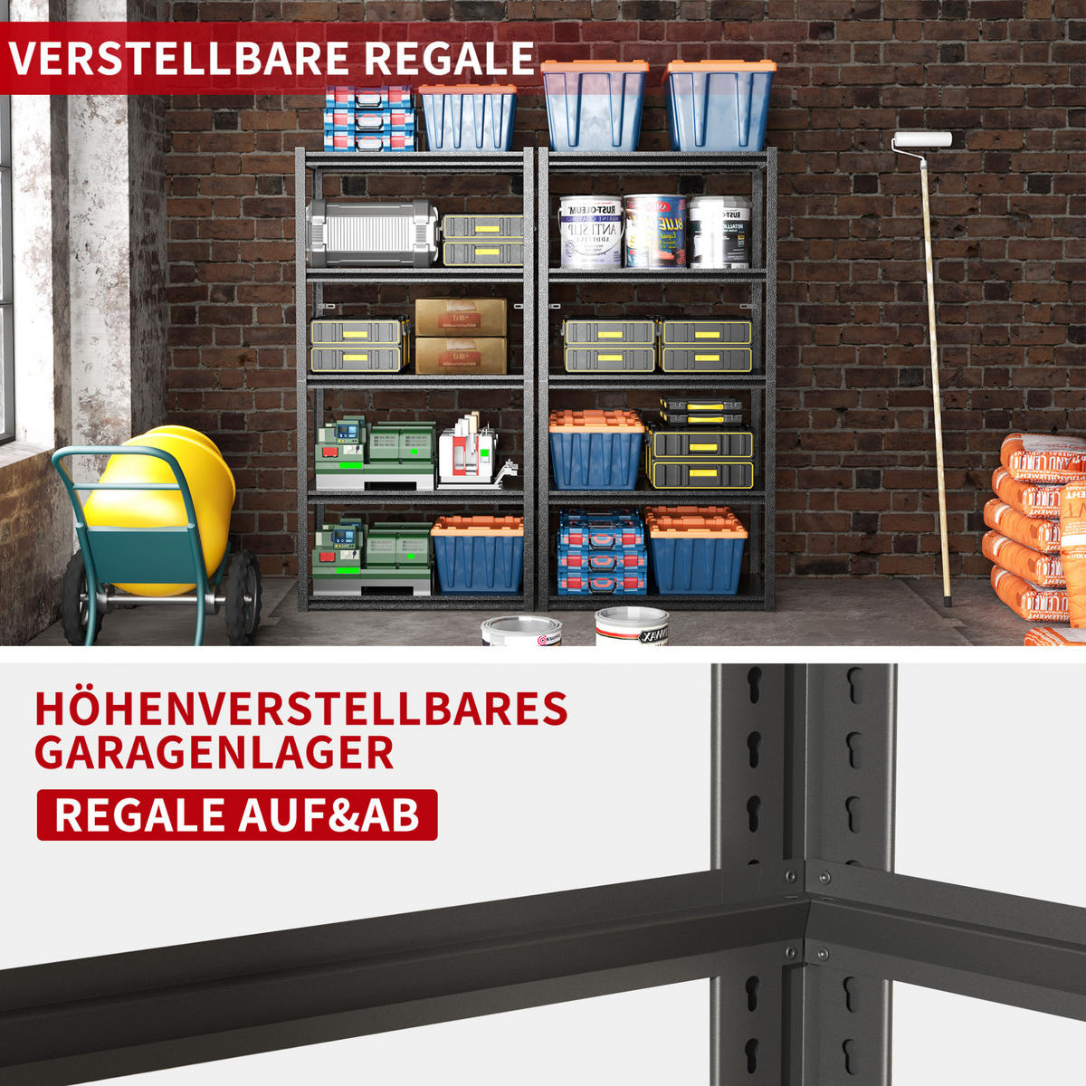 STANDREGAL 40/80/160 cm mit 5 höhenverstellbaren Ebenen und 650 kg Tragkraft, Schwarz - Silberfarben, Metall (80/160/40cm) - Redom