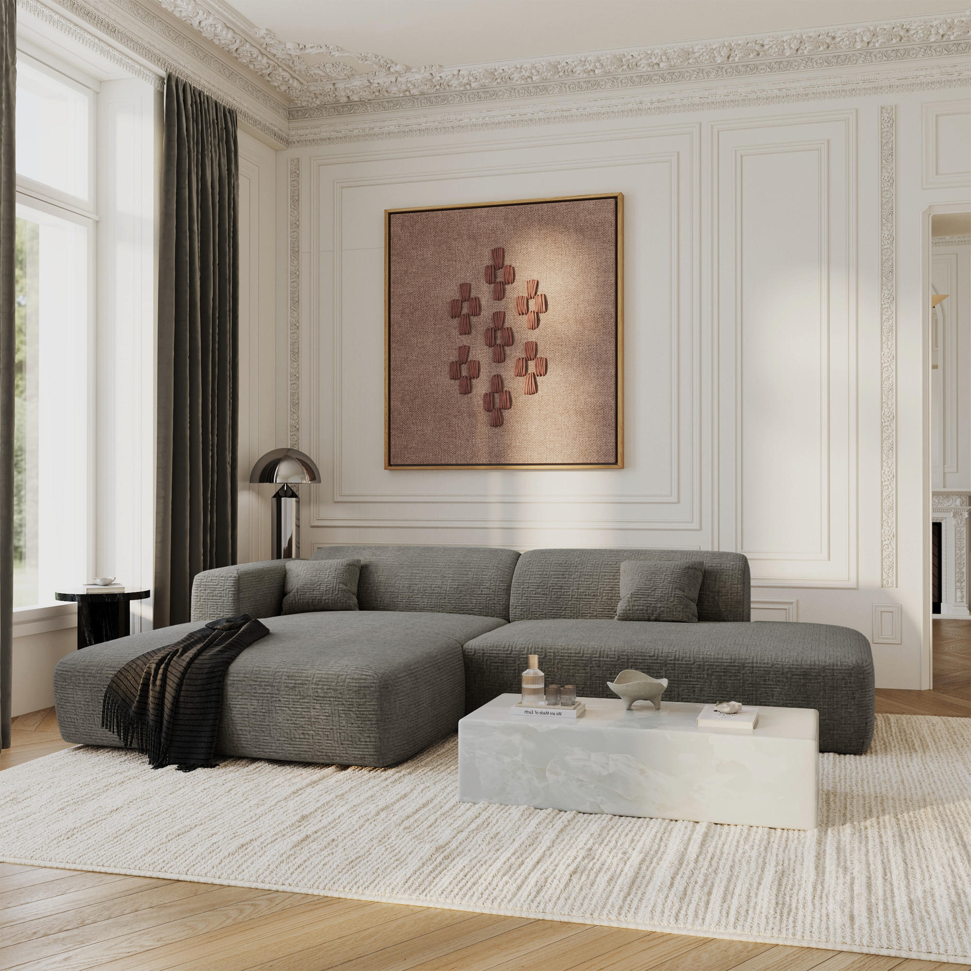 ECKSOFA LINKS Gemusterter Samt Grau 310cm - Grau, Textil (96/300cm) - Sia Home