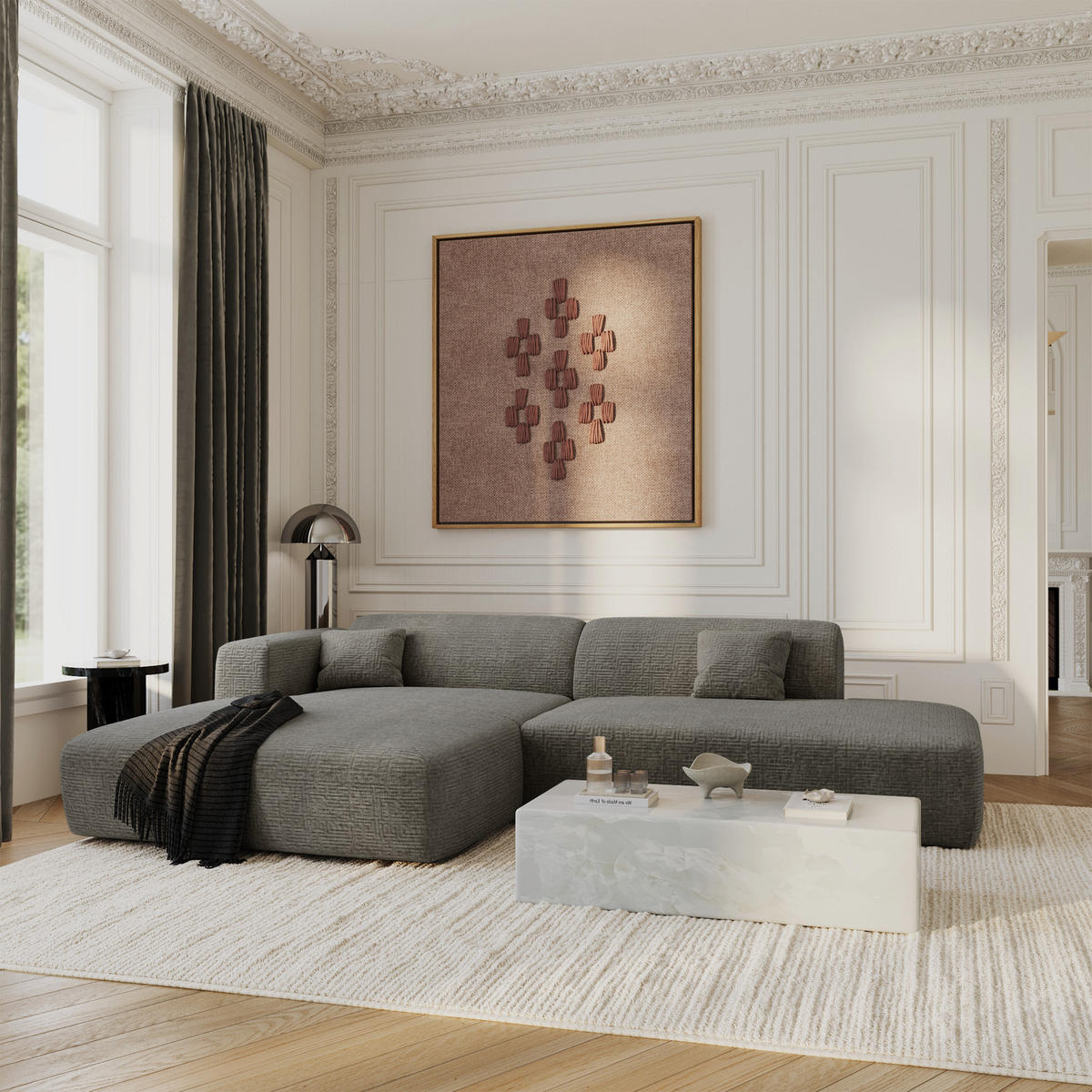 ECKSOFA LINKS Gemusterter Samt Grau 310cm - Grau, Textil (96/300cm) - Sia Home