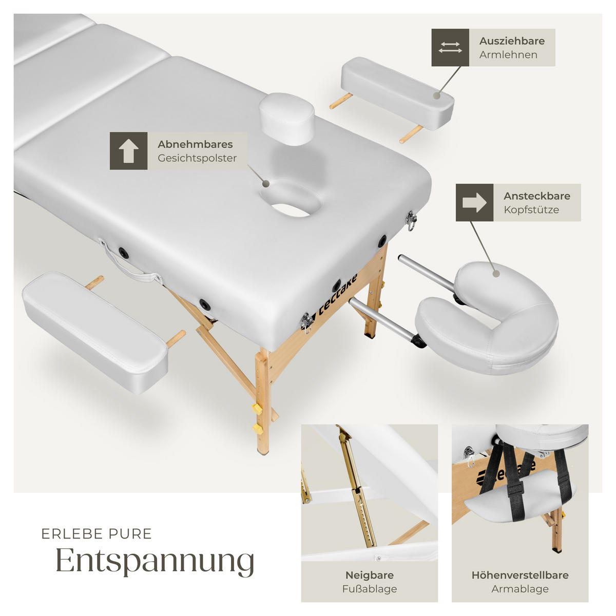 MASSAGELIEGE 3 Zonen, 218 x 102 x 90 cm,weiß - Weiß, Holz (102/90/218cm) - tectake