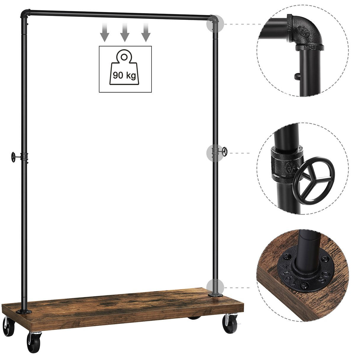 KLEIDERSTÄNDER auf Rädern mit Rohren aus schwarzem Metall - H162 cm - Schwarz, Holzwerkstoff (40/162/103.5cm) - Calicosy