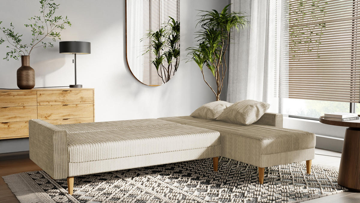 ECKSOFA mit Schlaffunktion L-Form, Beige - Beige, Holzwerkstoff/Textil (256/134cm) - Idohome