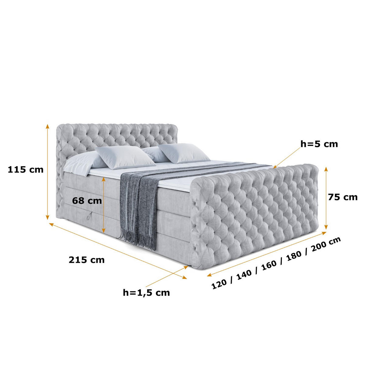 BOXSPRINGBETT BOXI8-Z KING - 120x200 - H3/H4 - Hellgrau - Hellgrau, Holzwerkstoff (120/200cm) - ALTDECOR