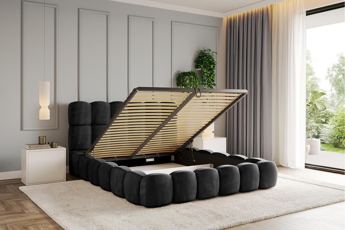 POLSTERBETT mit Bettkasten und Lattenrost, Boxbett ohne Matratze - LEYA 160x200 Schwarz - Schwarz, Holzwerkstoff/Textil (160/200cm) - ALTDECOR