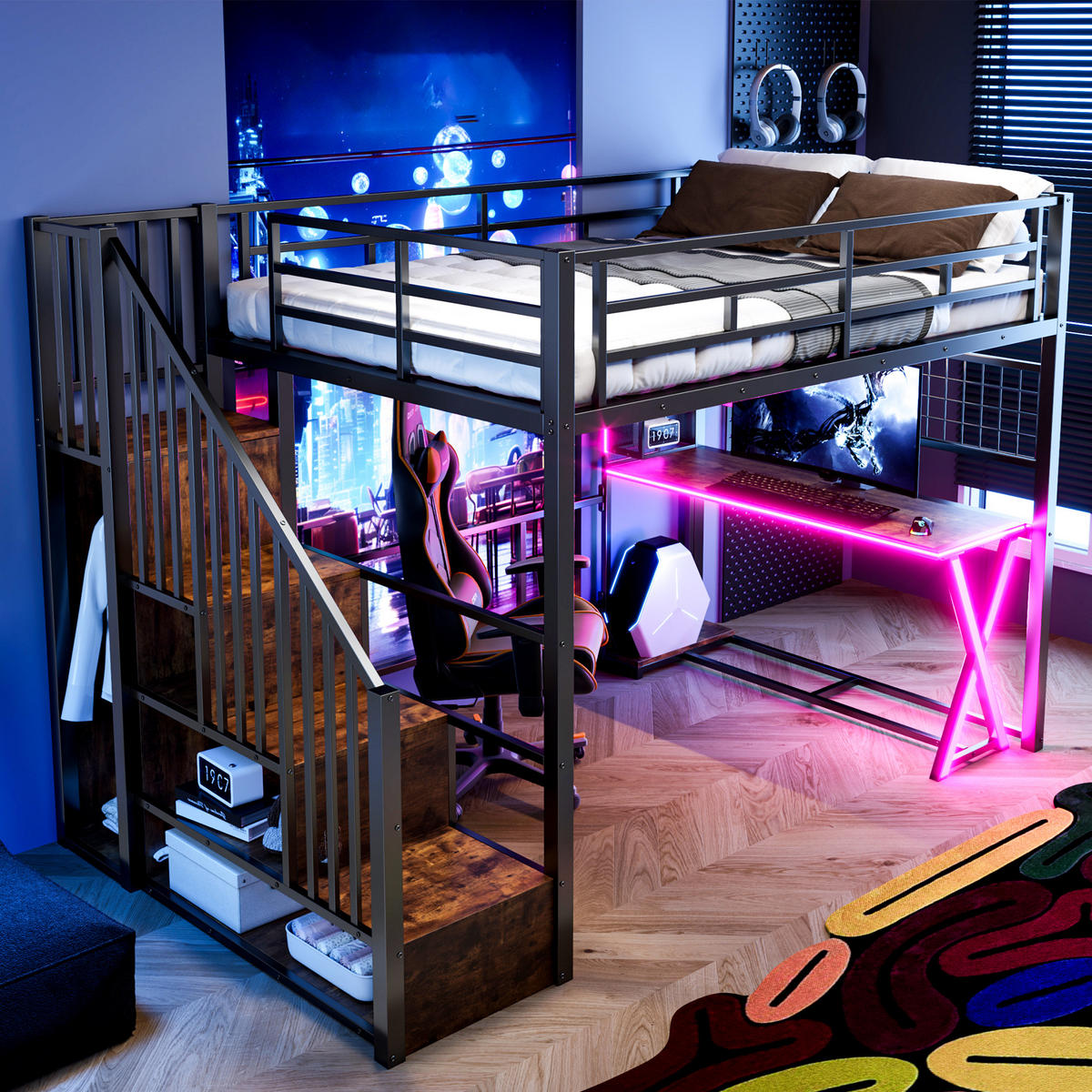 HOCHBETT 140/200 cm in Schwarz mit LED, Ablageleiter, Schreibtisch und Kleiderschrank - Schwarz, Holzwerkstoff/Metall (140/200cm) - WISHDOR