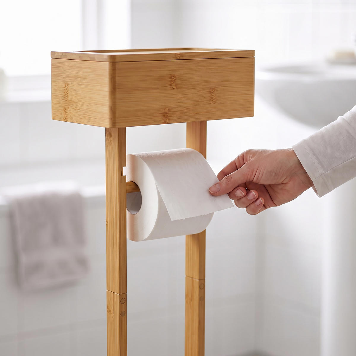 STOJAN Přírodní bambus na toaletní papír s úložným boxem - světle hnědá, dřevo (25/64.5/20cm) - Relaxdays