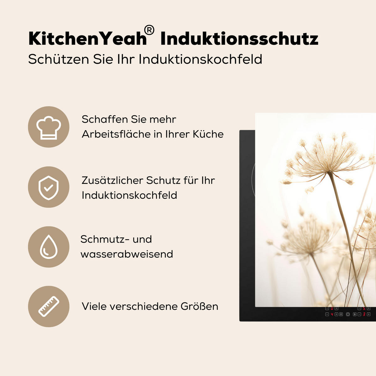 HERDABDECKPLATTE Blumen - Weiß - Sonnenlicht 78x78 cm - Ecru, Kunststoff (78/0.2/78cm) - MuchoWow