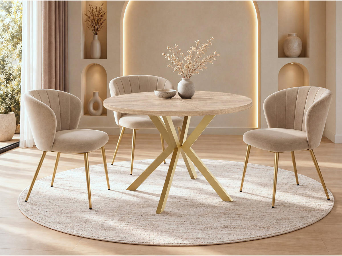 ESSTISCH Flora runder ausziehbarer, Sonoma Eiche 120-200/120/76 cm - Goldfarben/Braun, Holzwerkstoff/Metall (120/200/76cm) - WFL GROUP