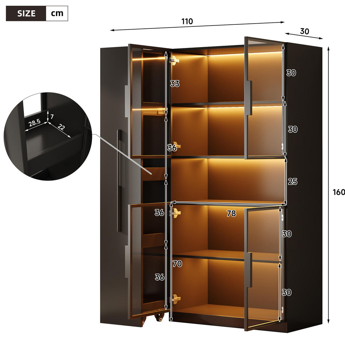 VITRÍNA z MDF 110x35x160 cm černá s LED osvětlením, výsuvnými policemi a zásuvkami - černá, kompozitní dřevo (110/160/35cm) - Modfu