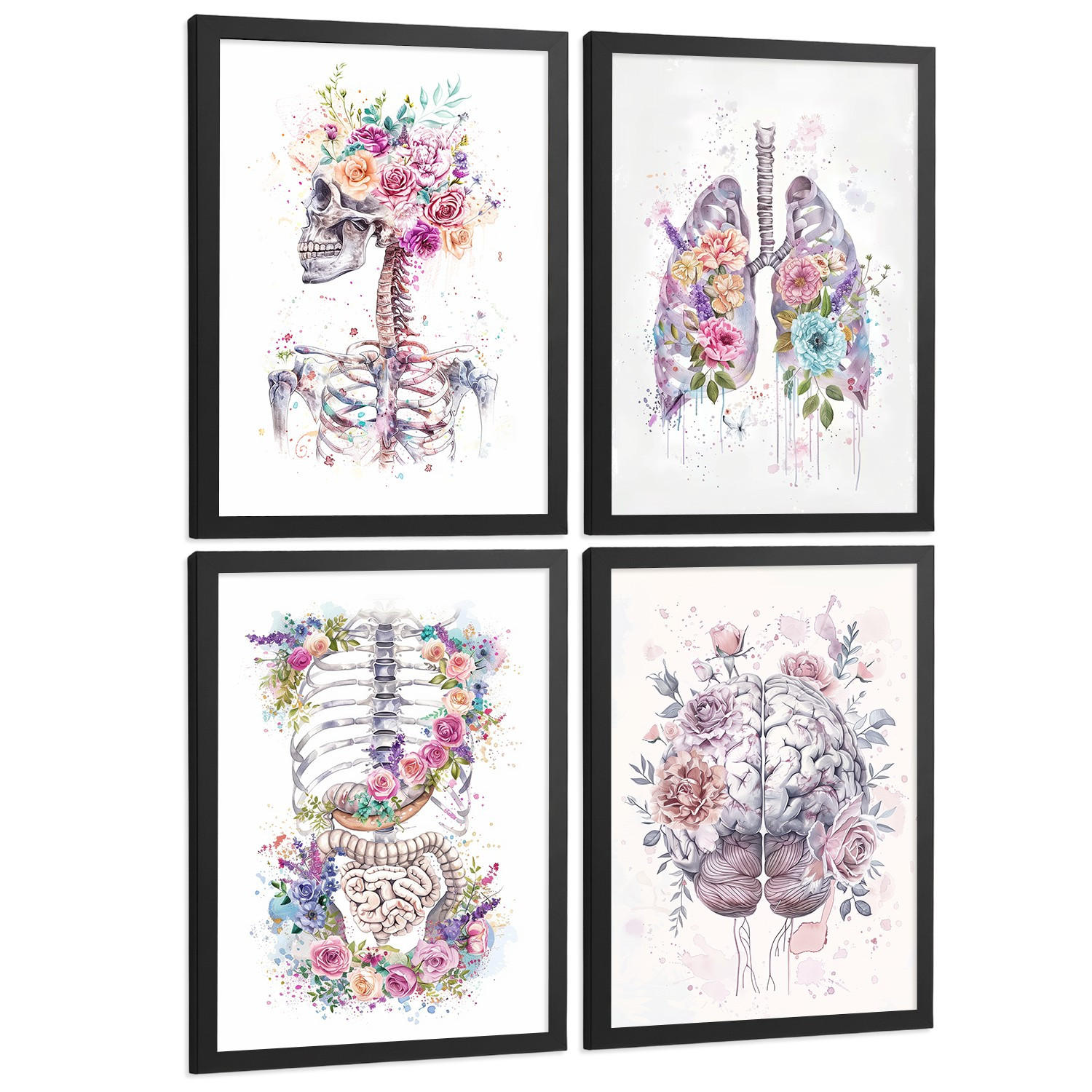 POSTER Set aus 4 Anatomie Mensch Drucke und mit Schädel Lungen Verdauungssystem und Gehirn Florales Aquarell Design Größe Schwarzer Rahmen A3 - Schwarz, Papier (29.7/42/3cm) - Nacnic