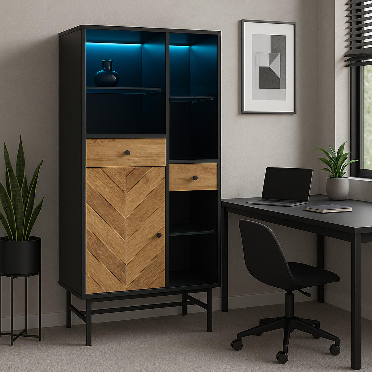 HIGHBOARD mit LED-Beleuchtung und Regalen, 80/40/150.5cm - Schwarz, Glas/Holzwerkstoff (80/150.5/40cm) - Urban Meuble