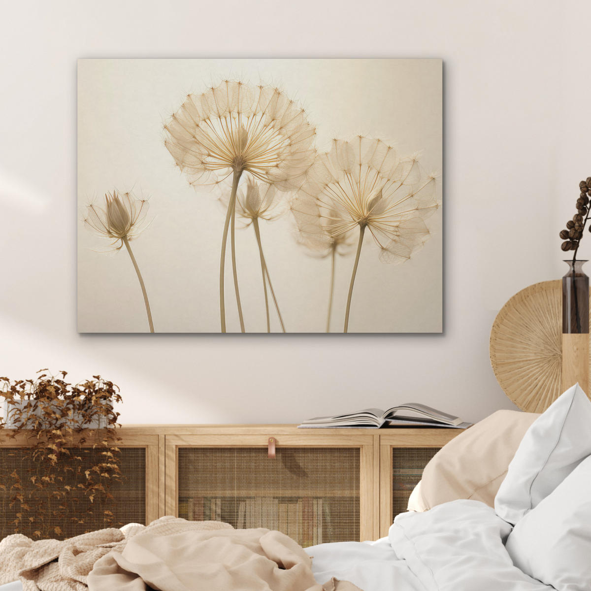 AKUSTIKPANEEL Sonnenlicht - Löwenzahn - Botanisch - Blumen 80x60 cm - Creme, Textil (80/0.9/60cm) - MuchoWow