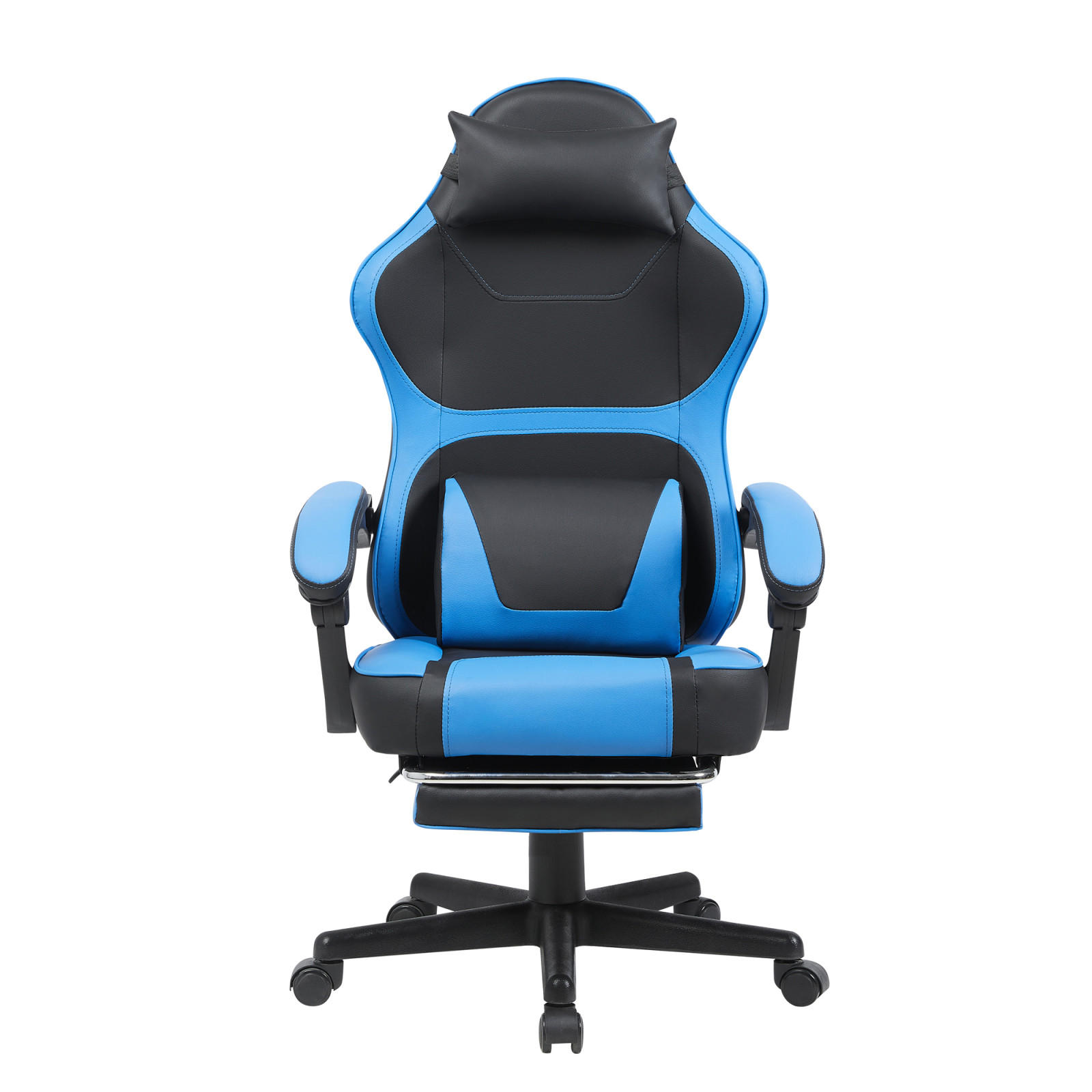 GAMING-STUHL schwarz-blau ergonomisch mit ausziehbarer Fußstütze, Nacken- und Lendenkissen, höhenverstellbar - Blau, Leder (54/116/61cm) - BRILVERDE