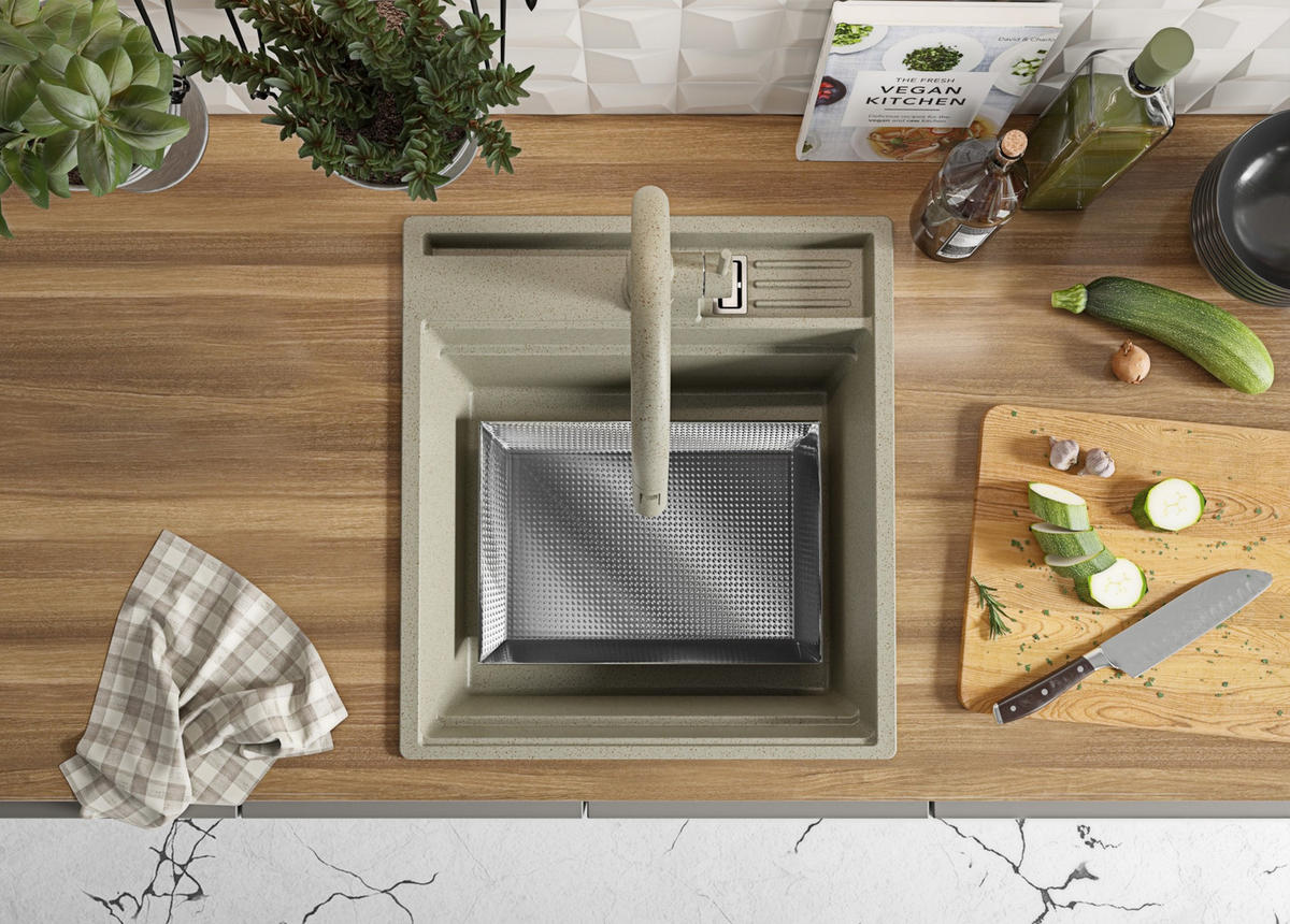 SPÜLBECKEN Oslo Pocket, 2-er set Beige 48/53 cm 1 Becken + Ablauf-Set + Küchenzubehörset ab 50er Unterschrank - Chromfarben/Beige, Kunststoff (48/20/53cm) - Primagran