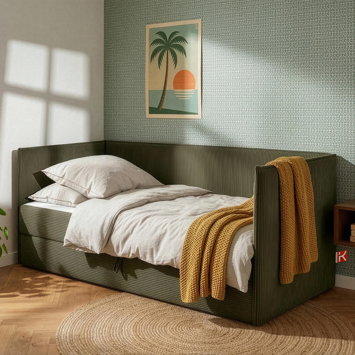 JUGENDBETT ROTI Einzelbett mit Bettkasten, 90x200cm, Bett mit Bonellmatratze, mit Rückenlehne - Schwarz/Olivgrün, Holz/Holzwerkstoff (92/200cm) - KONSIMO®