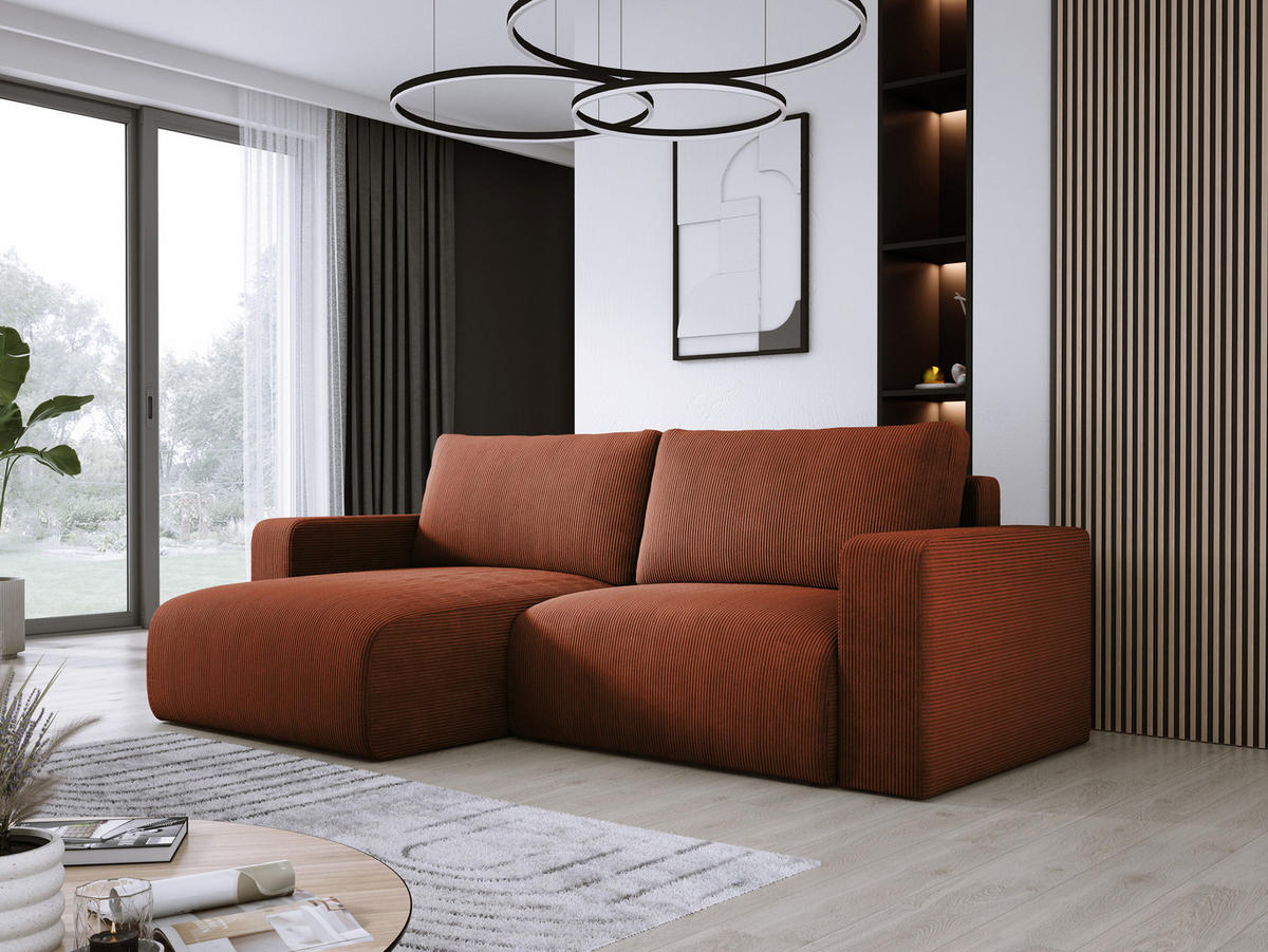 ECKSOFA Carl L-förmig Schlaffunktion und Bettkasten weicher Cordstoff flexibel stellbar lose Rückenkissen freistehend LINKS 143x247x83cm Brown - Braun, Holz/Textil (143/247cm) - DomoHome