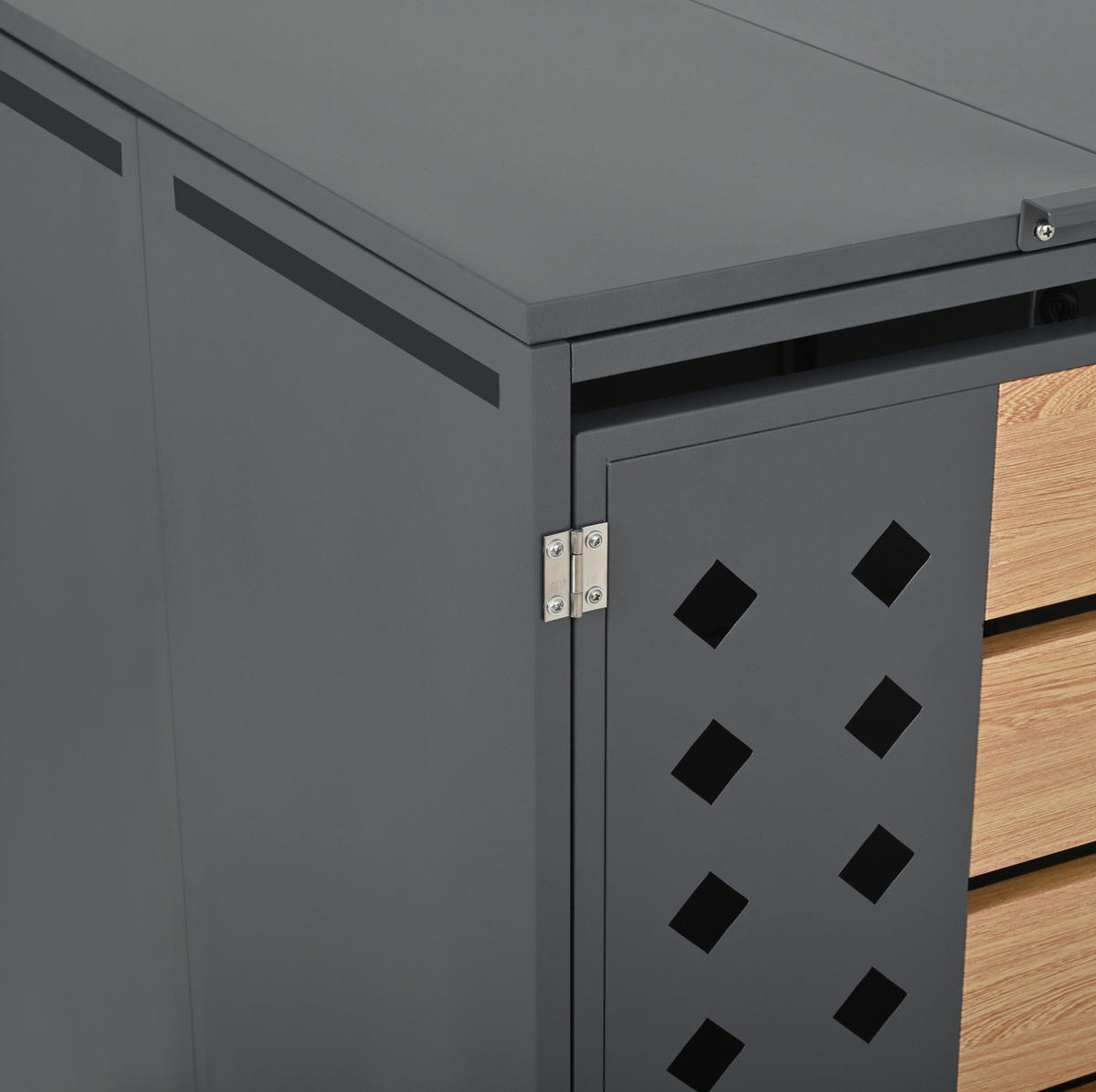 MÜLLTONNENBOX aus Stahl in Grau Holzoptik mit hydraulischem Klappdeckel - Grau, Metall (132/118.5/80cm) - Modfu
