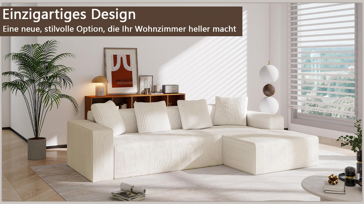 MODULARES Ecksofa Cord tiefe Sitzfläche, Chaiselongue 261/146/65 cm Weiß - Weiß, Textil (146/261cm) - Redom
