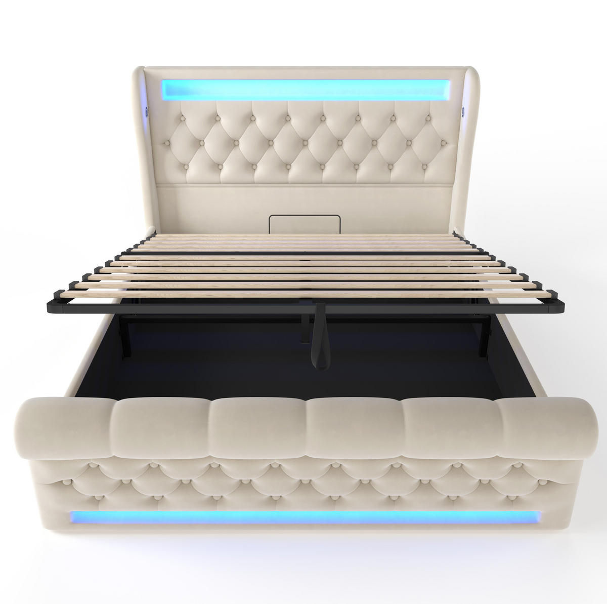 BETT mit LED und Stauraum 140x190 cm Samt Beige - Beige, Metall (140/190cm) - Meubliv