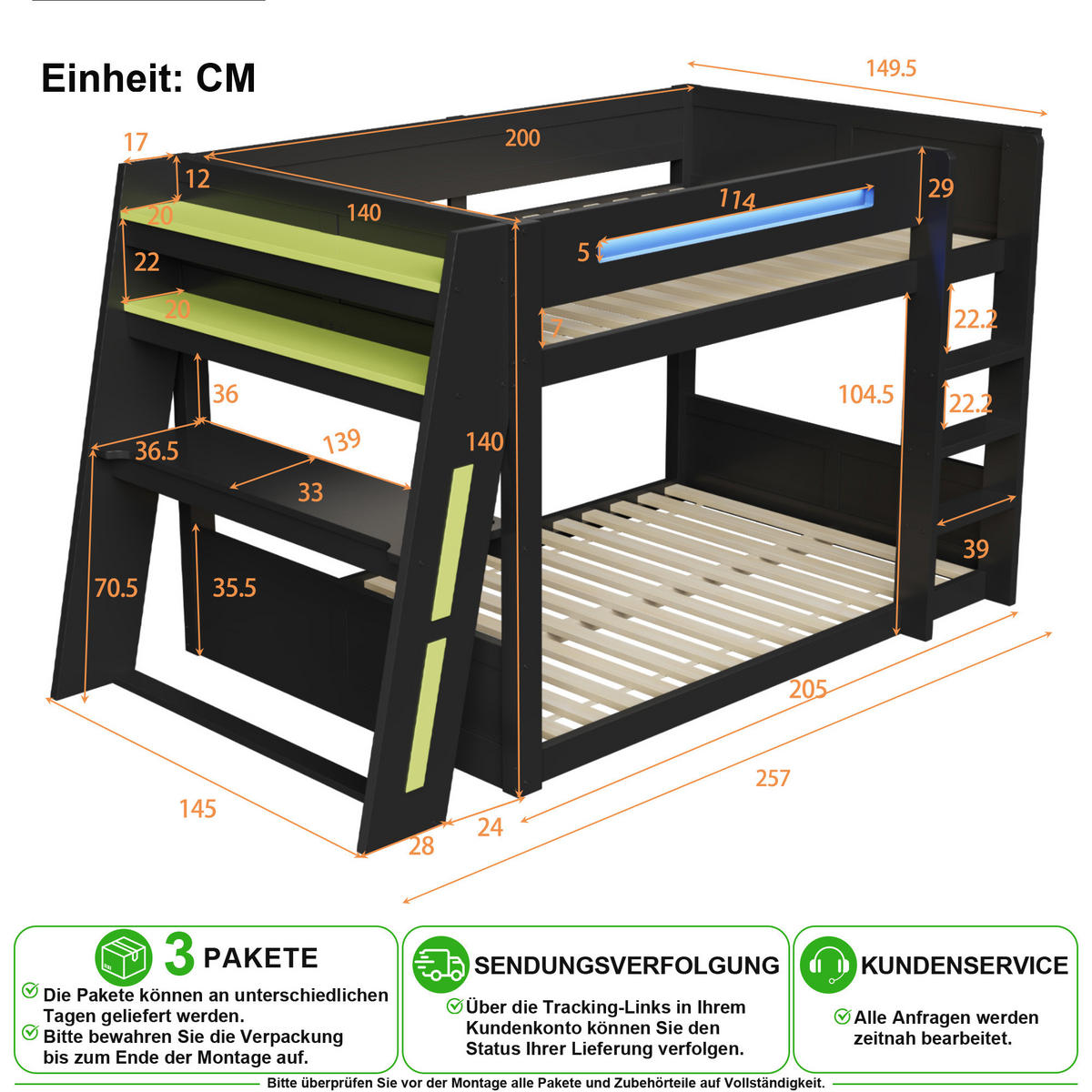 ETAGENBETT 140/200 cm in Schwarz mit Schreibtisch, 2 Ablagen, LED und USB - Schwarz, Holz/Holzwerkstoff (140/200cm) - CHICFURN
