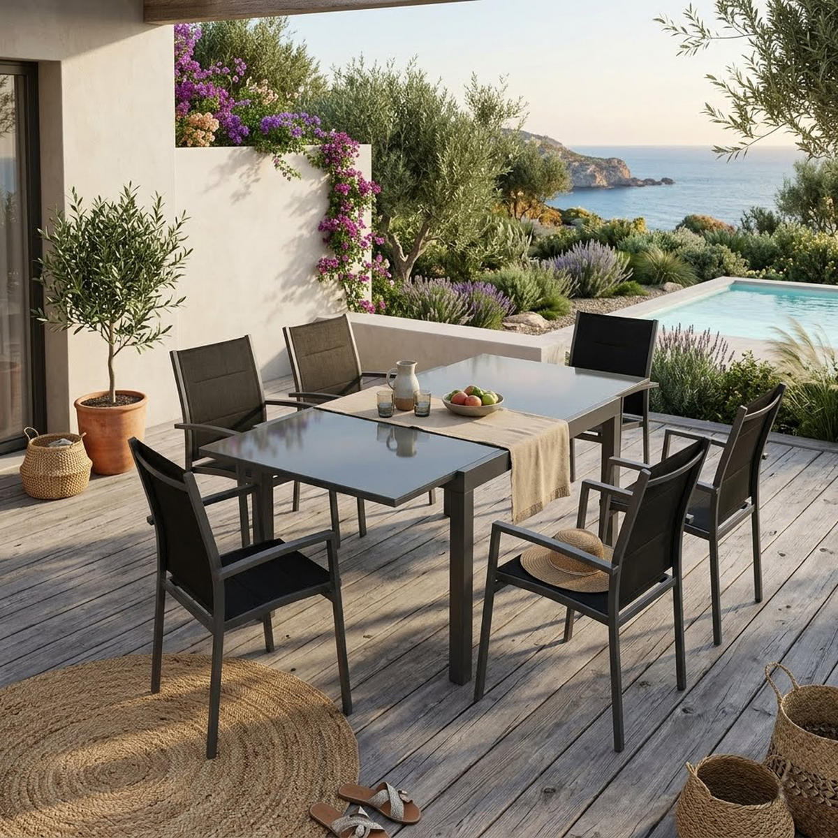GARTEN-GARNITUR Ashford - 7-teilige Garten-Essgruppe (6x Stapelsessel mit Armlehnen, 1x Ausziehtisch 180/240x100cm), Gestell Aluminium - Schwarz, Metall - TPFGarden
