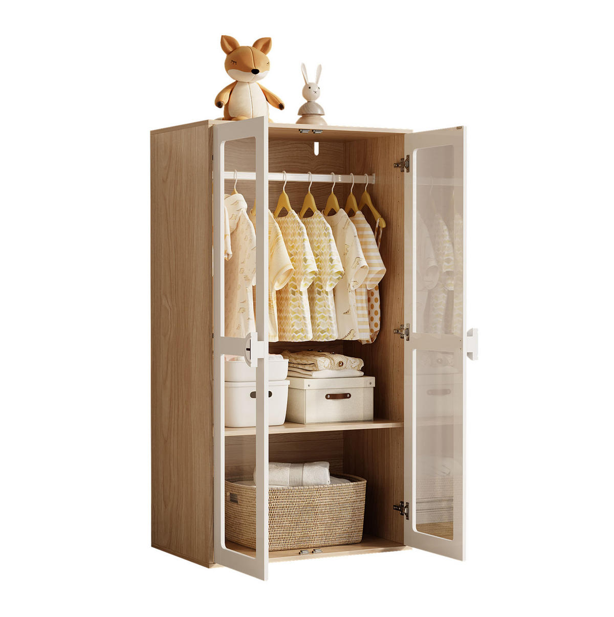 KLEIDERSCHRANK-SET 80/50/150 cm in Weiß/Natur mit 4 Schubladen und Acryltüren - Naturfarben, Holzwerkstoff (160/150/50cm) - BEAOK