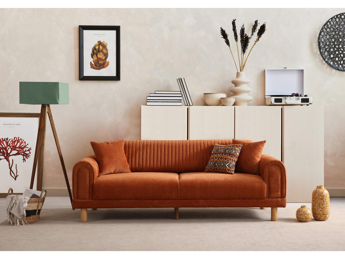 SOFA Kyoto 3-Sitzer Bouclé Terracotta - Terracotta, Holz/Textil (230/80/95cm)