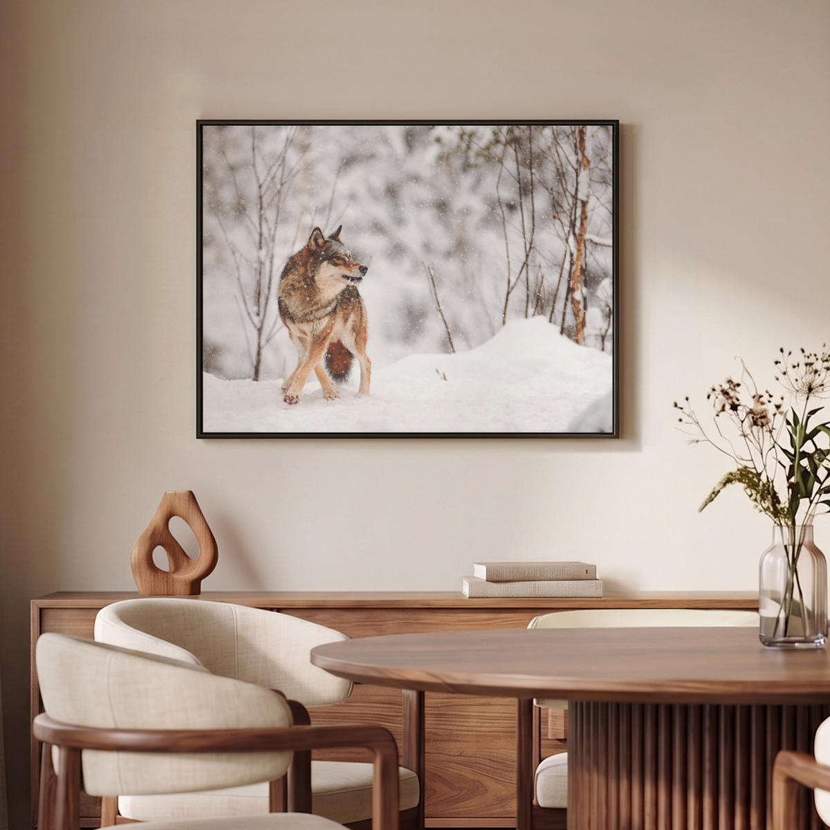 LEINWAND Bilder mit Rahmen - Wolf - Winter - Schnee - Natur - Tiere - 70x50 - Haselnussfarben, Textil (70/50cm) - MuchoWow