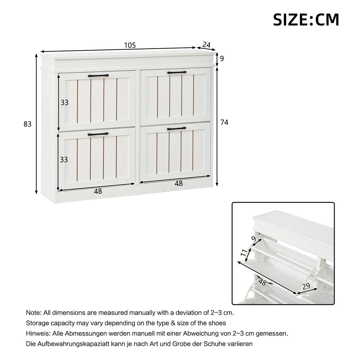 SCHUHSCHRANK in Weiß mit 4 Kipptüren mit 8 Fächern für Flur, B105/T24/H83 cm - Weiß, Holzwerkstoff (105/83/24cm) - STILVORA