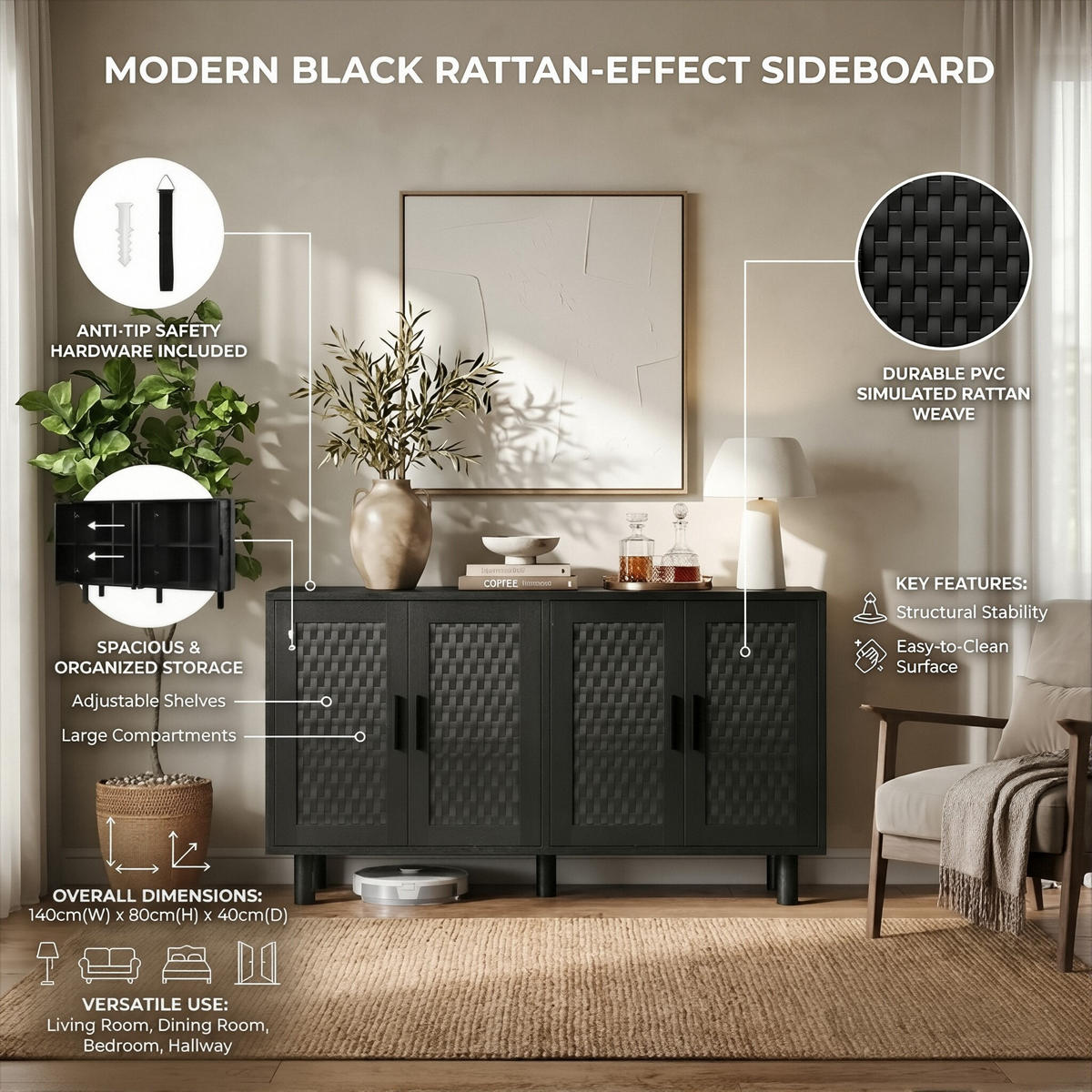 SIDEBOARD Japandi mit 4 Türen in Rattan-Optik 140/40/80 cm Schwarz - Schwarz, Holzwerkstoff (140/80/40cm) - Creahappy