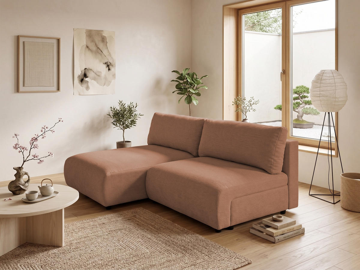 ECKSOFA Sora mit Schlaffunktion, Bettkasten und extra tiefer Komfortzone aus hochwertigem Terrakotta Strukturstoff - Terracotta/Schwarz, Holz/Kunststoff (140/200cm) - S-Style