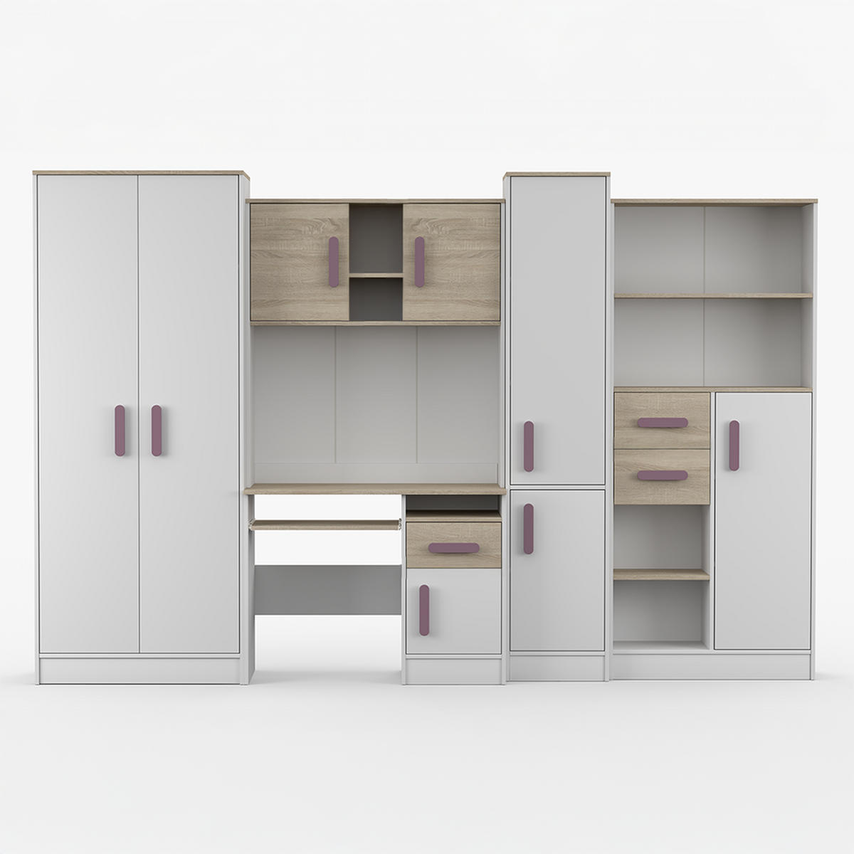 WOHNWAND Markus Weiß Sonoma Eiche mit griffenfarbe: Erik - Lila/Weiß, Holzwerkstoff (300/197/52cm) - imoebel24