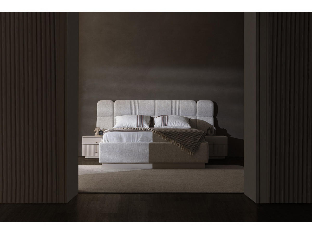 BETTANLAGE LINE Schlafzimmer-Set, 4-teilig, Creme, Bett mit Kopfteil 2 Nachttischen und Kleiderschrank - Creme, Leder/Holzwerkstoff (160/200cm) - Villa Möbel