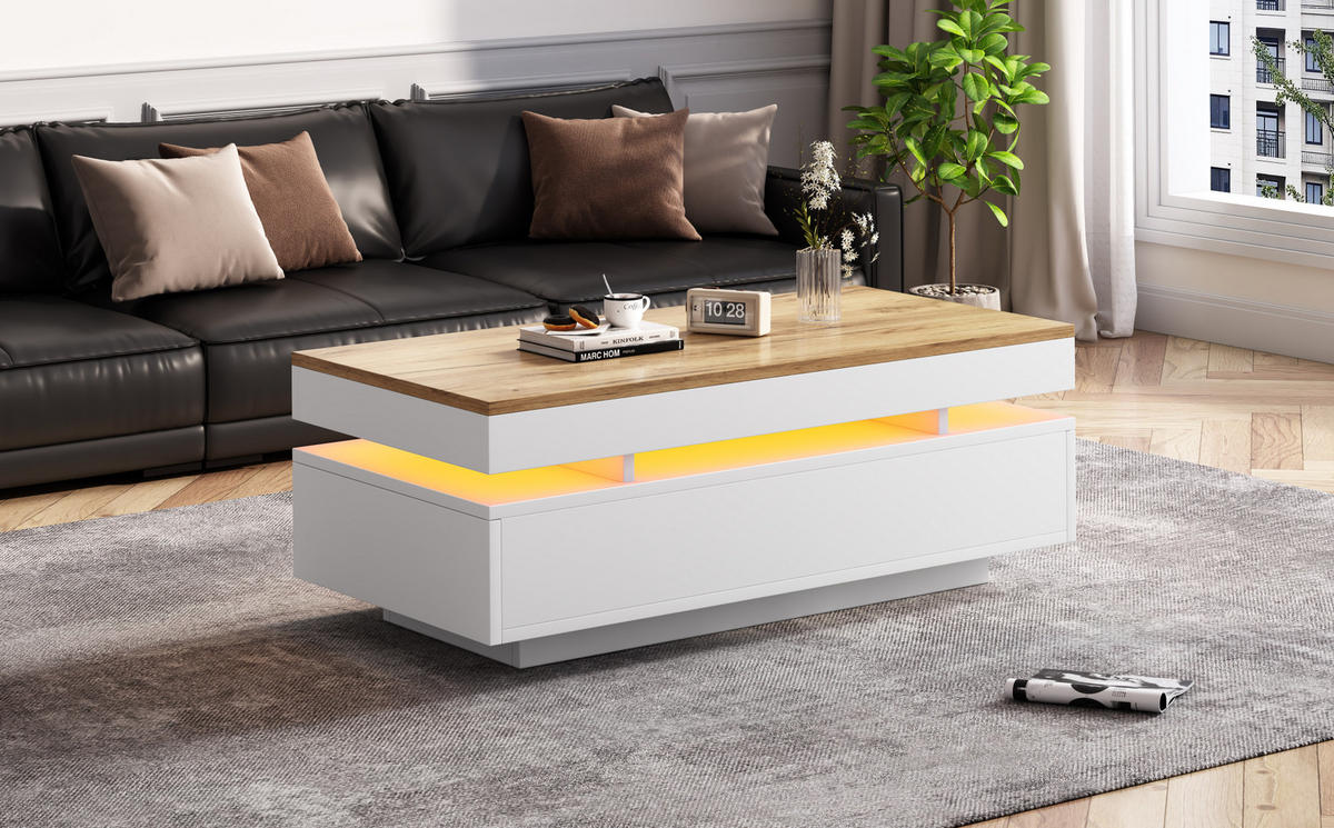 KONFERENČNÍ stolek z dřevotřísky 100x50x35 cm bílá a dekor dřeva s LED osvětlením, 2 zásuvkami a vysokým leskem - bílá, kompozitní dřevo (100/50/35cm) - Modfu