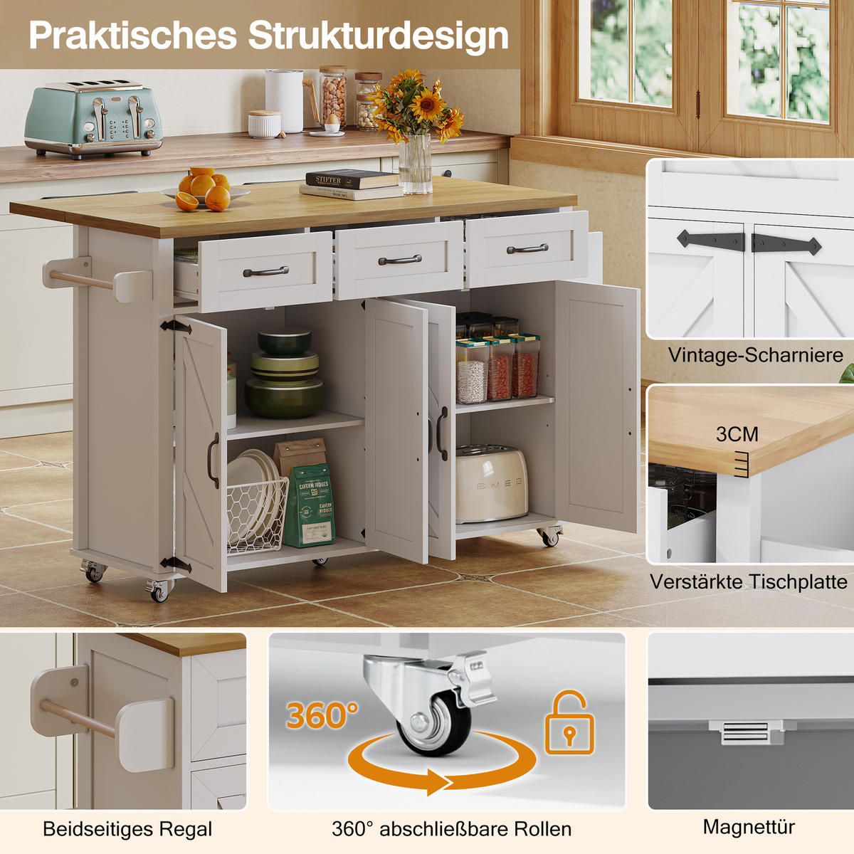 KÜCHENINSEL 140/43(70)/90,5 cm Weiß mit Klappplatte, 3 Schubladen, 4 Türen und Rollen - Weiß, Holz/Holzwerkstoff (140/90.5/70cm) - Oxeza